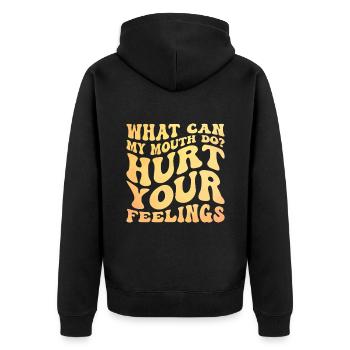 Was kann mein Mund tun, um deine Gefühle zu verletzen Sarkasmus - Unisex Premium Bio Zip Hoodie - Schwarz - Hinten - Nico (187cm)