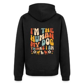 Ich bin der Mensch, der mein Hund für einen Vielseitigkeitstäter hält - Unisex Premium Bio Zip Hoodie - Schwarz - Hinten - Nico (187cm)
