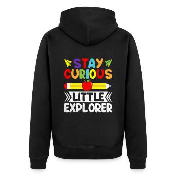 Bleib neugierig Kleiner Entdecker Lehrer an der Schule - Unisex Premium Bio Zip Hoodie - Schwarz - Hinten - Nico (187cm)
