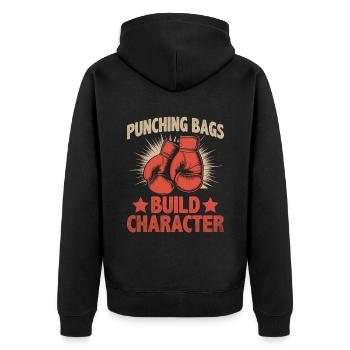 Boxsäcke bauen Charakter Boxer Sportler - Unisex Premium Bio Zip Hoodie - Schwarz - Hinten - Nico (187cm)