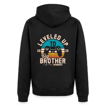 Zum großen Bruder 2025 aufgestiegen - Unisex Premium Bio Zip Hoodie - Schwarz - Hinten - Nico (187cm)