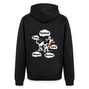 Swiss Cow - Grüezi Salut Ciao - Switzerland Travel - Unisex Premium Organic Zip Hoodie - black - Back - Nico (187cm)