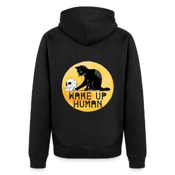 Wake Up Human Funny Cat mit Totenkopf - Unisex Premium Bio Zip Hoodie - Schwarz - Hinten - Nico (187cm)