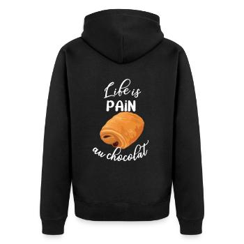 Life is Pain Au Chocolat - Lustiges französisches Essen - Unisex Premium Bio Zip Hoodie - Schwarz - Hinten - Nico (187cm)