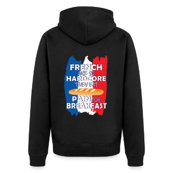 Franzosen sind so Hardcore, dass sie Schmerz zum Frühstück essen - Unisex Premium Bio Zip Hoodie - Schwarz - Hinten - Nico (187cm)