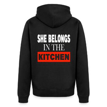 She belongs in the Kitchen - Unisex Premium Organic Zip Hoodie - black - Back - Nico (187cm)