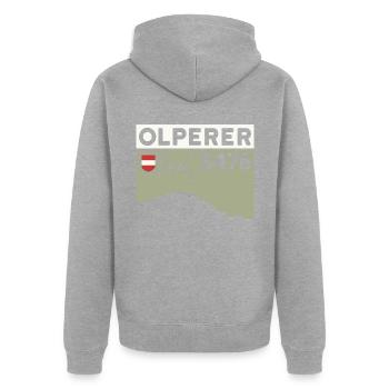 Olperer Tirol Besteigung Überschreitung Andenken - Unisex Premium Bio Zip Hoodie - Grau meliert - Hinten - Nico (187cm)