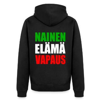 FRAU LEBEN FREIHEIT - Unisex Premium Bio Zip Hoodie - Schwarz - Hinten - Nico (187cm)