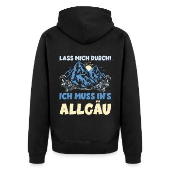 LASS MICH DURCH ICH MUSS INS ALLGÄU Spruch lustig - Unisex Premium Bio Zip Hoodie - Schwarz - Hinten - Nico (187cm)