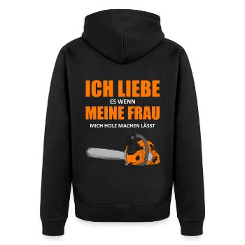 Kettensäge Holzfäller Spruch - Unisex Premium Bio Zip Hoodie - Schwarz - Hinten - Nico (187cm)