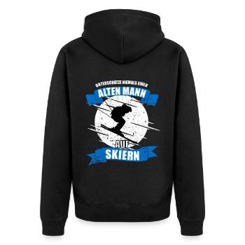 Alter Mann auf Skiern - Unisex Premium Bio Zip Hoodie - Schwarz - Hinten - Nico (187cm)