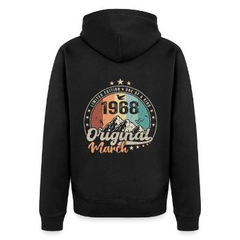 Geburtstagsgeschenk Geboren im März 1968 Retro 1968 - Unisex Premium Bio Zip Hoodie - Schwarz - Hinten - Nico (187cm)