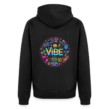 Retro Vibe: Neon Buzz - Unisex Premium Organic Zip Hoodie - black - Back - Nico (187cm)