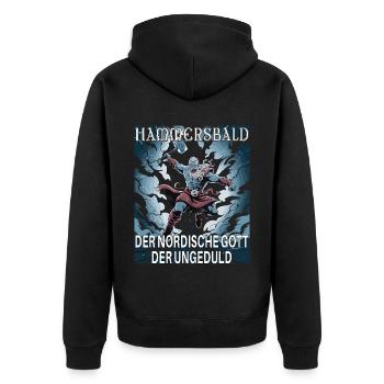 Hammersbald – Nordischer Gott der Ungeduld - Unisex Premium Bio Zip Hoodie - Schwarz - Hinten - Nico (187cm)