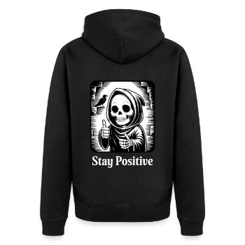 Stay Positive – Grim Reaper Skelett Design Humor - Unisex Premium Bio Zip Hoodie - Schwarz - Hinten - Nico (187cm)