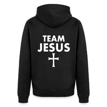 Croix de Jésus de l’équipe - Veste à capuche bio Premium Unisexe - noir - Dos - Nico (187cm)