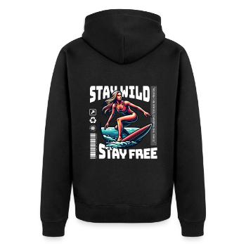 Stay Wild Stay Free Surfing Girl - Unisex Premium Bio Zip Hoodie - Schwarz - Hinten - Nico (187cm)