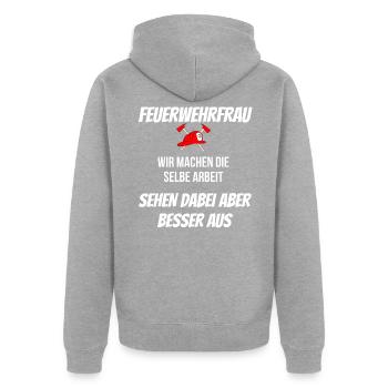 FEUERWEHRFRAU - Unisex Premium Bio Zip Hoodie - Grau meliert - Hinten - Nico (187cm)
