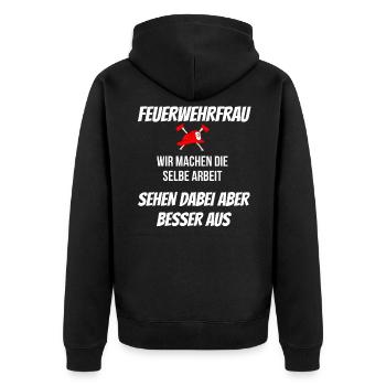 FEUERWEHRFRAU - Unisex Premium Bio Zip Hoodie - Schwarz - Hinten - Nico (187cm)
