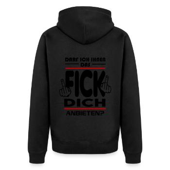 Darf ich ihnen das Fick Dich anbieten - Unisex Premium Bio Zip Hoodie - Schwarz - Hinten - Nico (187cm)