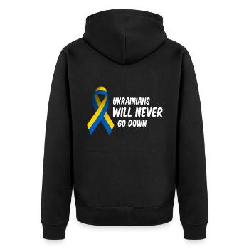 Ukrainians will never go down! - Unisex Premium Bio Zip Hoodie - Schwarz - Hinten - Nico (187cm)