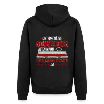Straßenbahnfahrer unterschätze niemals Straßenbahn - Unisex Premium Bio Zip Hoodie - Schwarz - Hinten - Nico (187cm)