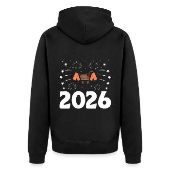Frohes Neues Jahr 2026 Couponer Shopper Geld sparen - Unisex Premium Bio Zip Hoodie - Schwarz - Hinten - Nico (187cm)