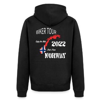 Biker Tour 2022 Norwegen Motorrad Reise Urlaub - Unisex Premium Bio Zip Hoodie - Schwarz - Hinten - Nico (187cm)