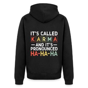Es heißt Karma Sarkasmus Sarkastisch - Unisex Premium Bio Zip Hoodie - Schwarz - Hinten - Nico (187cm)