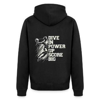 Tauchen Sie ein in Power Up Score Großer Handball Sportler - Unisex Premium Bio Zip Hoodie - Schwarz - Hinten - Nico (187cm)