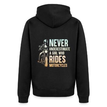 Ne sous-estimez jamais une fille qui fait de la moto B - Veste à capuche bio Premium Unisexe - noir - Dos - Nico (187cm)