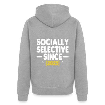 Sozial selektiv seit 2025 Sprichwörter - Unisex Premium Bio Zip Hoodie - Grau meliert - Hinten - Nico (187cm)