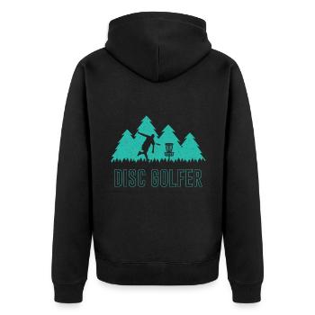 Discgolf Spieler Disc Golf Discgolfspieler - Unisex Premium Bio Zip Hoodie - Schwarz - Hinten - Nico (187cm)