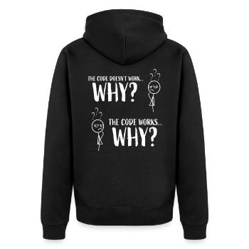Funny Coding Programmer Gift "The code works..Why" - Unisex Premium Organic Zip Hoodie - black - Back - Nico (187cm)