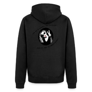 Überrasche dich - Unisex Premium Bio Zip Hoodie - Schwarz - Hinten - Nico (187cm)