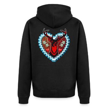 32 Lebkuchenherz Wiesn Hirsch Edelweiss Herzen - Unisex Premium Bio Zip Hoodie - Schwarz - Hinten - Nico (187cm)