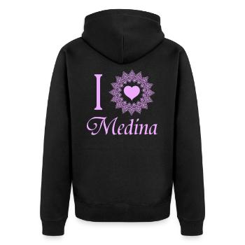 MEDINA, Umrah, Hadsch,Kaba,Mekka ,Pilgerreise - Unisex Premium Bio Zip Hoodie - Schwarz - Hinten - Nico (187cm)