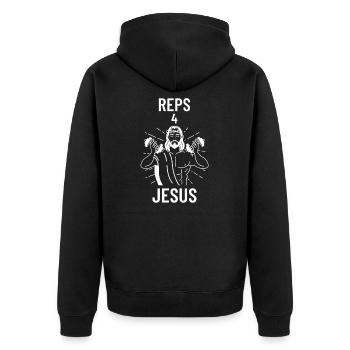 Training gym reps for Jesus - Unisex Premium Organic Zip Hoodie - black - Back - Nico (187cm)