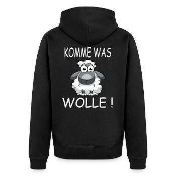KOMME WAS WOLLE! Lustiges Schaf - Unisex Premium Bio Zip Hoodie - Schwarz - Hinten - Nico (187cm)