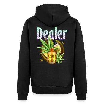 CBD Dealer | Cannabidiol Öl, CBD Öl Geschenkidee - Unisex Premium Bio Zip Hoodie - Schwarz - Hinten - Nico (187cm)