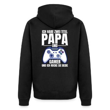 Ich Habe 2 Titel Papa & Gamer & Ich Rocke Sie - Unisex Premium Bio Zip Hoodie - Schwarz - Hinten - Nico (187cm)