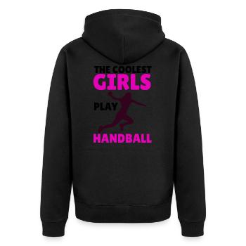 Handballerin Handball Frauenhandball Damen Mädchen - Unisex Premium Bio Zip Hoodie - Schwarz - Hinten - Nico (187cm)