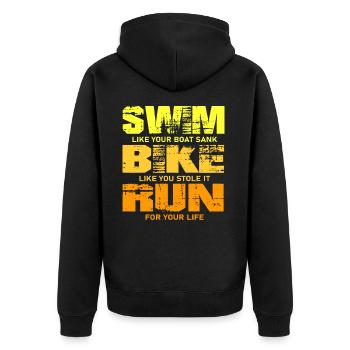 SWIM BIKE RUN - Unisex Premium Organic Zip Hoodie - black - Back - Nico (187cm)