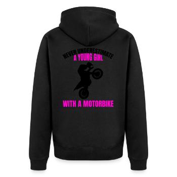 Motorrad Frauen Moped Mädchen Mofa Geschenk Bike - Unisex Premium Bio Zip Hoodie - Schwarz - Hinten - Nico (187cm)
