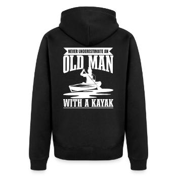 Never Underestimate An Old Man With A Kayak - Kanu - Unisex Premium Bio Zip Hoodie - Schwarz - Hinten - Nico (187cm)