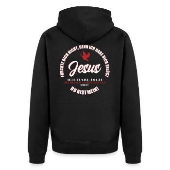 Jesus Christus Shirt Taufspruch Jesaja 43:1 Taufe - Unisex Premium Bio Zip Hoodie - Schwarz - Hinten - Nico (187cm)