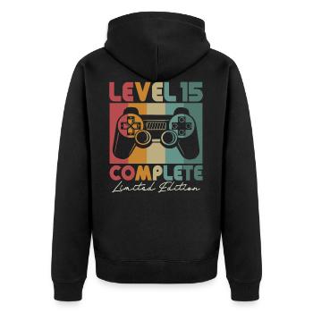 15 Geburtstag Level 15 Geschenk 15 Jahre - Unisex Premium Bio Zip Hoodie - Schwarz - Hinten - Nico (187cm)