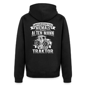 Alter Mann mit Traktor Rentner Landwirt Opa - Unisex Premium Bio Zip Hoodie - Schwarz - Hinten - Nico (187cm)