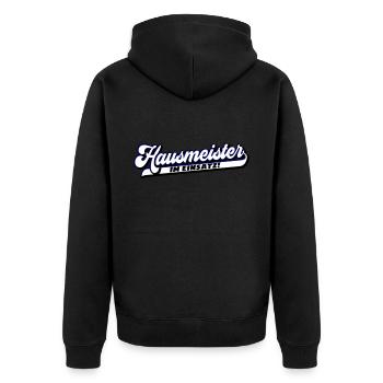 Farben änderbar | Hausmeister im Einsatz! - Unisex Premium Bio Zip Hoodie - Schwarz - Hinten - Nico (187cm)