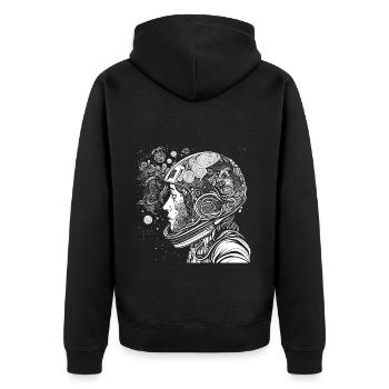 "Psychonaut" Psychedelischer Astronaut mit Mustern - Unisex Premium Bio Zip Hoodie - Schwarz - Hinten - Nico (187cm)
